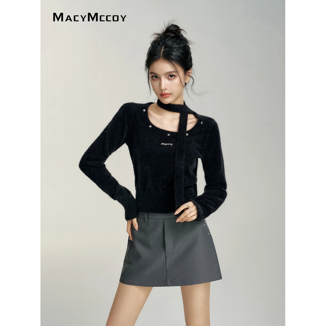 MacyMccoy仿貂绒choker打底衫女2024冬季亲肤软糯设计感时髦上衣