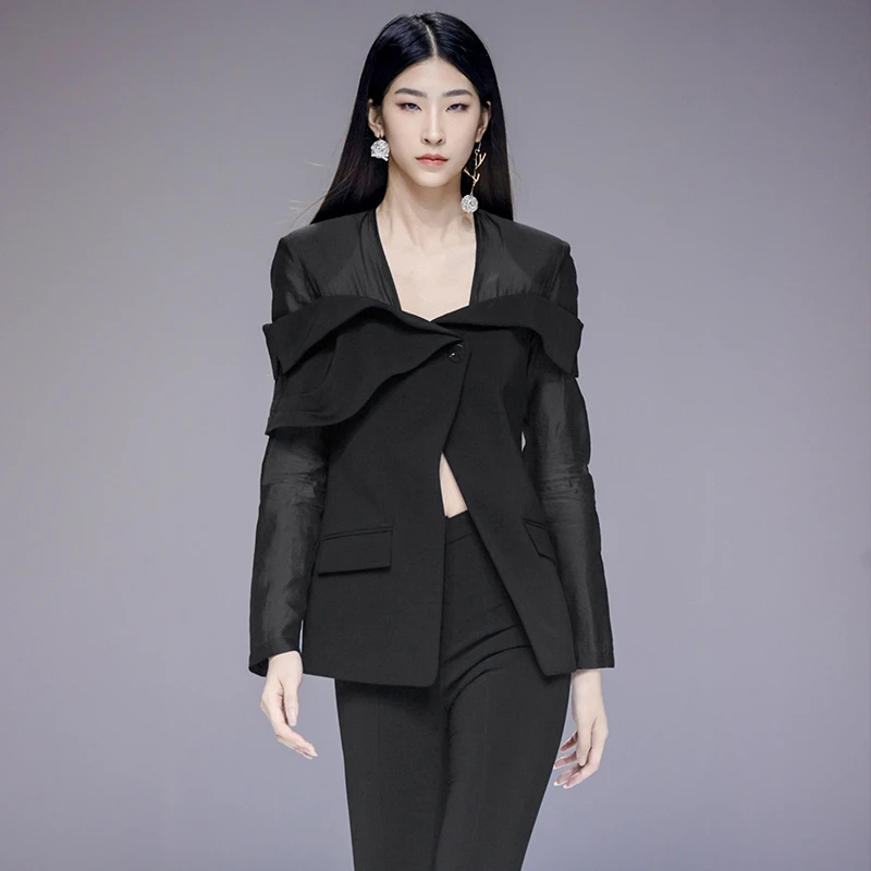 MAGGIE MA马婧设计师新款女西装显瘦黑异形拼接性感酷飒西服620C