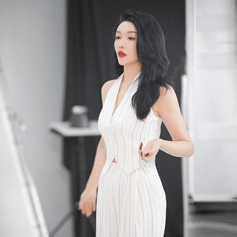 MAGGIE MA设计师款气质象牙白条纹上衣西裤西装734D/340S/728P