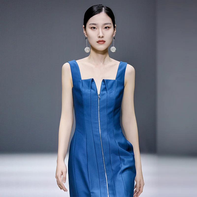 MAGGIE MA马婧设计师款西装连衣裙鸢尾蓝显瘦拉链开叉吊带裙670D