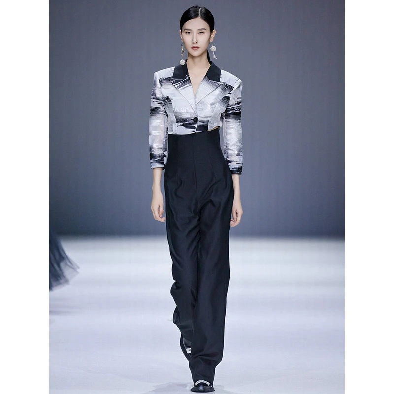 MAGGIE MA马婧设计师款百搭气质高腰休闲修身显瘦黑色直筒裤660P