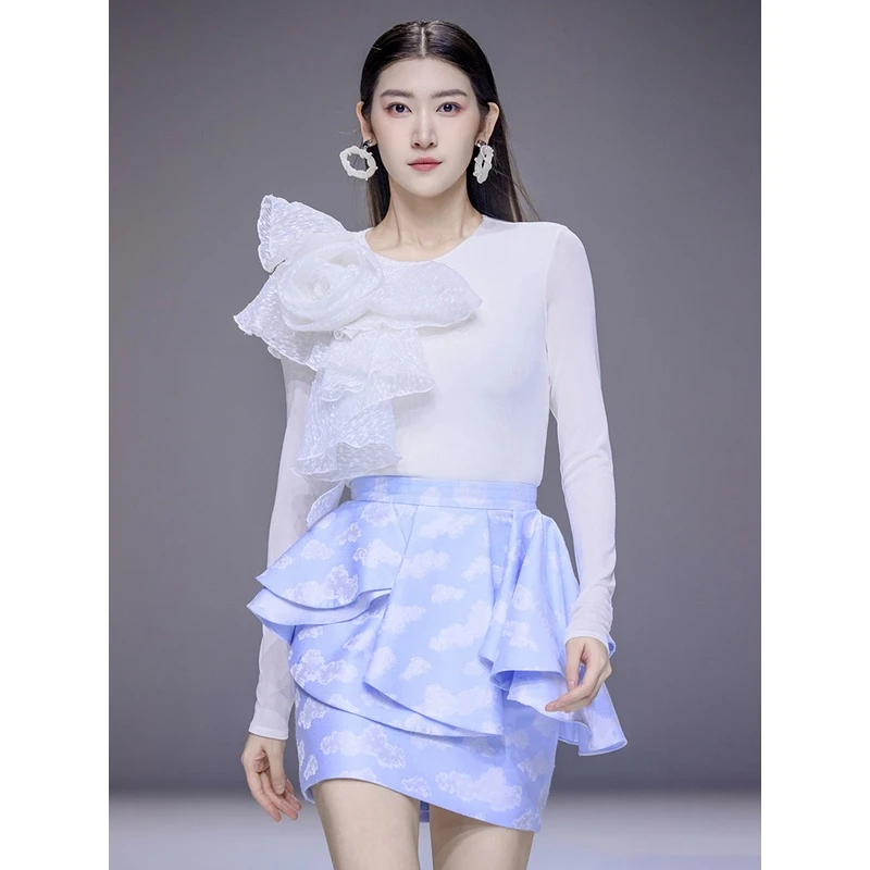 MAGGIE MA马婧设计师新款女T恤醋酸法式蕾丝重工立体花朵上衣614S