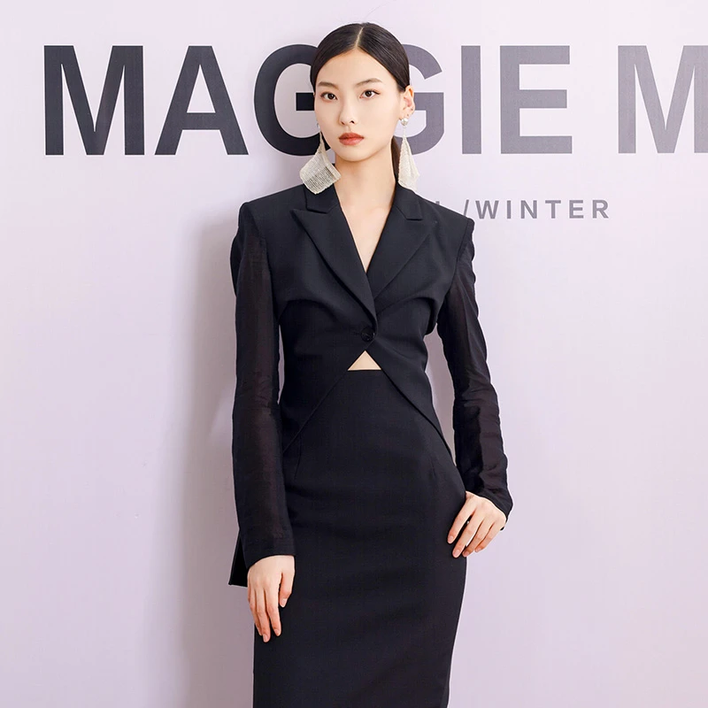 MAGGIE MA马婧设计师款西装一粒扣修身显瘦显气质黑色燕尾服623S