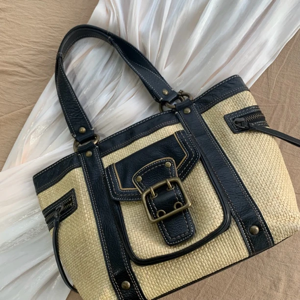 95新 COACH/蔻驰 时髦编织拼荔枝纹单肩托特包