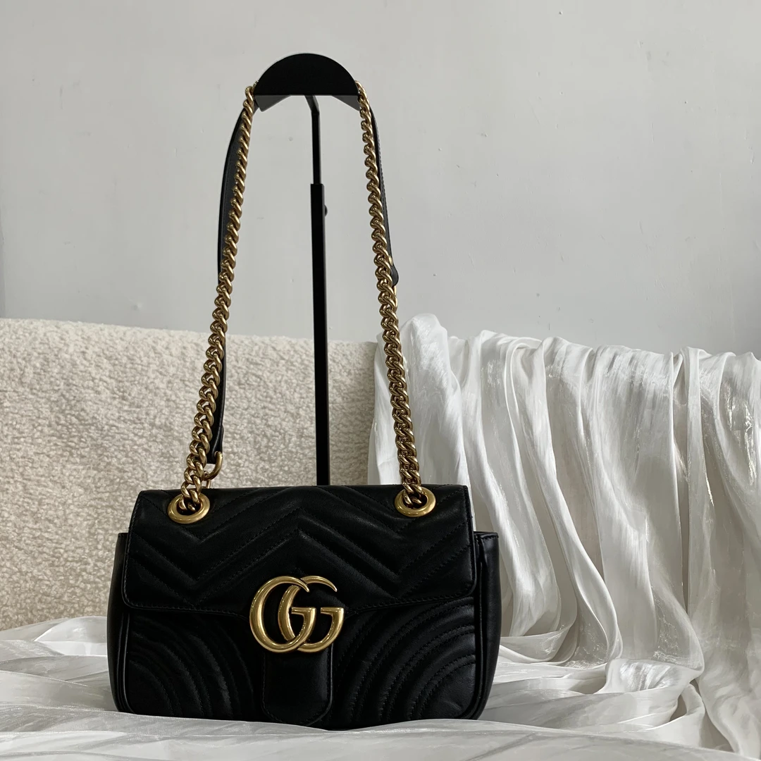 95新 GUCCI/古驰 经典简约黑金22马蒙单肩斜挎包翻盖中号经典