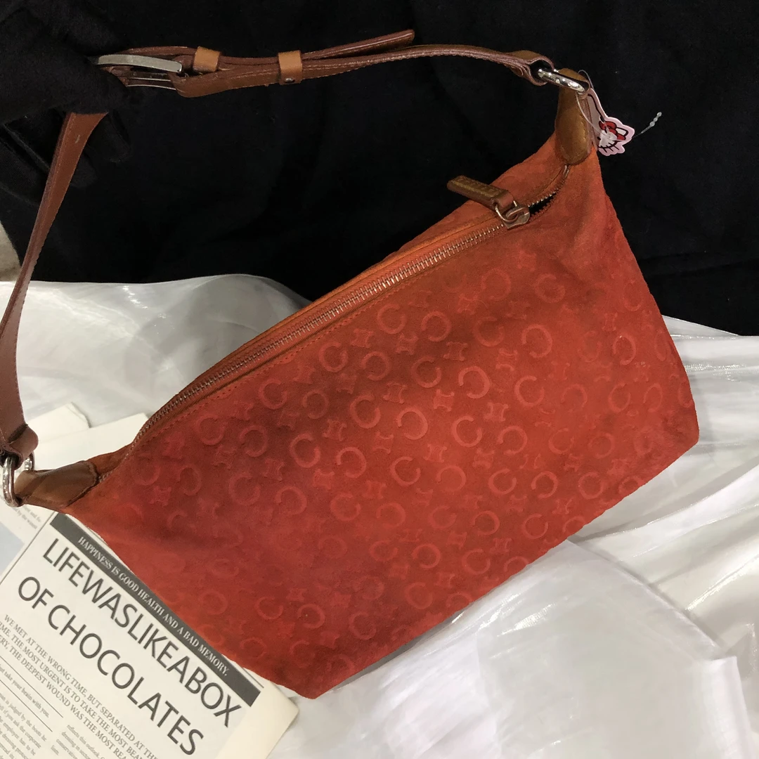 95新 Celine/思琳 复古秋日橙色麂皮单肩腋下饭盒包