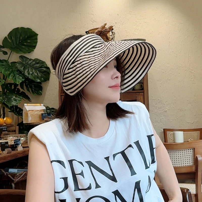 spany条纹遮阳帽子女夏新款优雅大帽檐可折叠户外空顶防晒太阳帽