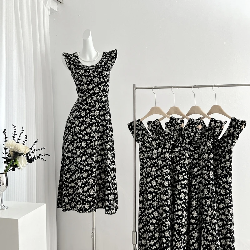 约会玫瑰岛~赫本风碎花中长裙子小飞袖气质显瘦法式连衣裙女夏季