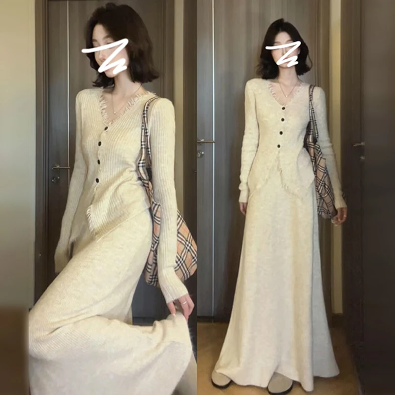 洋气秋冬新款气质针织衫开衫半身裙显瘦两件套上衣一整裙子套装女