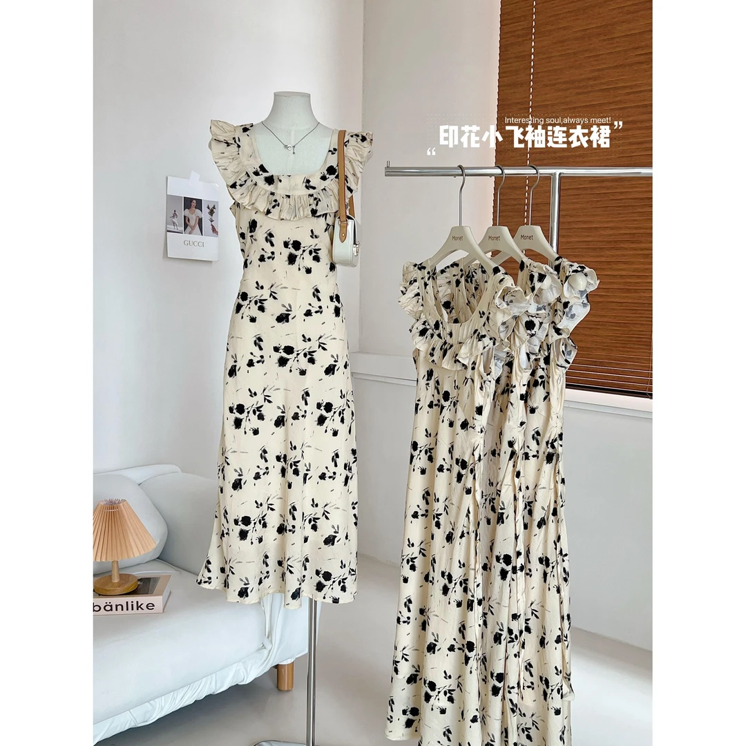 黎明黑玫瑰限定印花小飞袖夏气质领长裙夏季连衣裙碎花长款裙子女