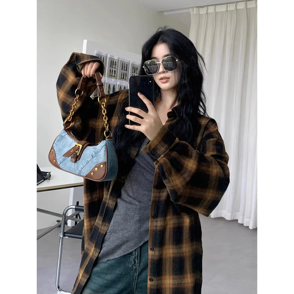 松本可可春秋款宽松古着衬衣复古磨毛格子韩版衬衫长袖上衣外套女