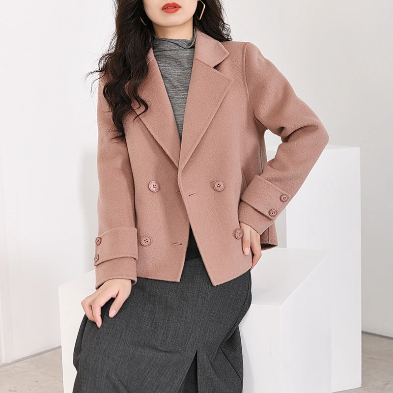 EKNR呢子大衣女短款显瘦拼接高级双面羊毛大衣外套设计感西服