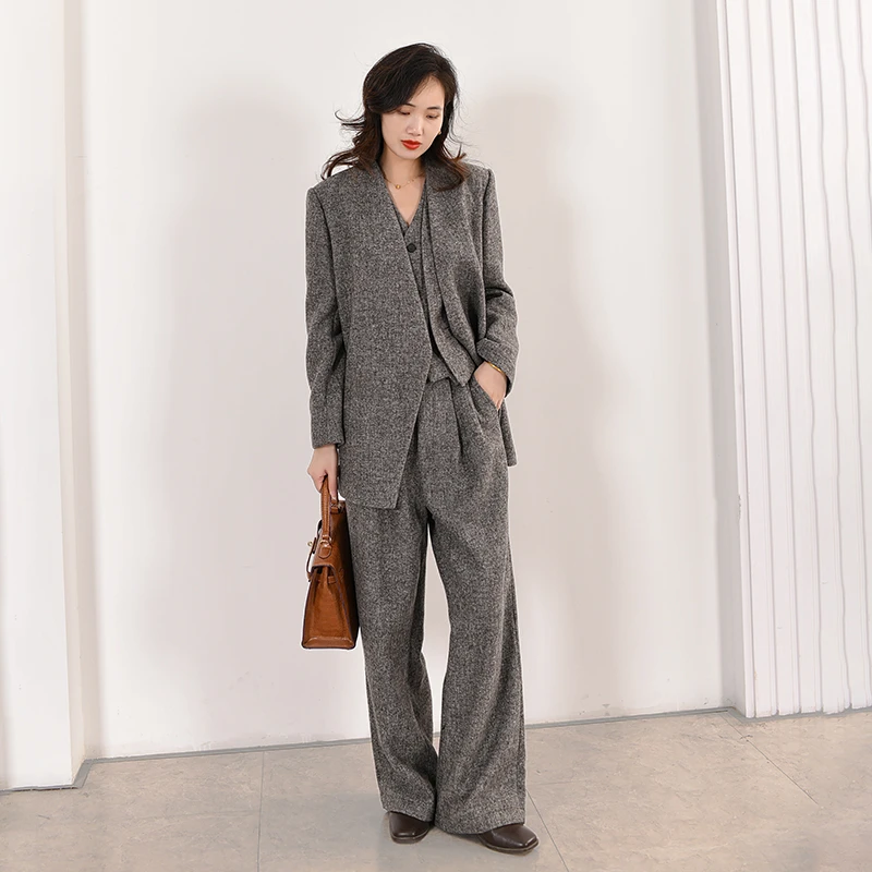 EKNR【外套+马甲+裤子三件套】高级感V领宽松时髦气质女士时尚套装