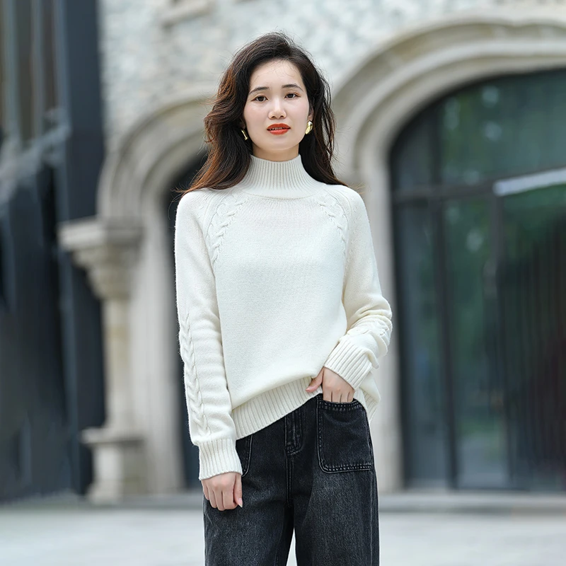 EKNR纯羊毛加厚麻花毛衣女2024秋冬新款插肩袖针织打底衫百搭上衣
