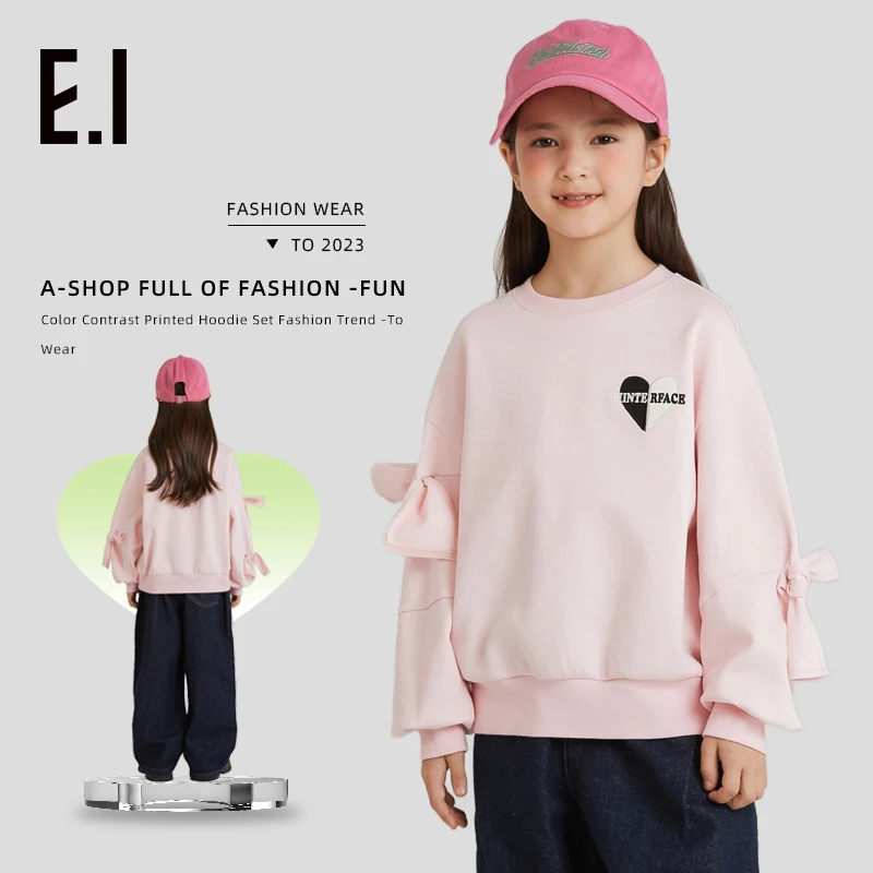 EI童装2023新款女童秋款卫衣蝴蝶结粉色长袖休闲上衣D8233655654