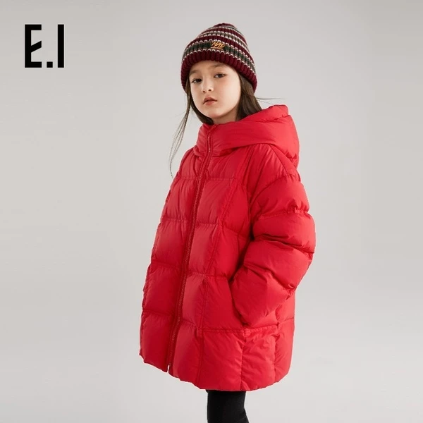 E.I童装女童连帽羽绒服红色喜庆过年服中长款面包服D8234650675