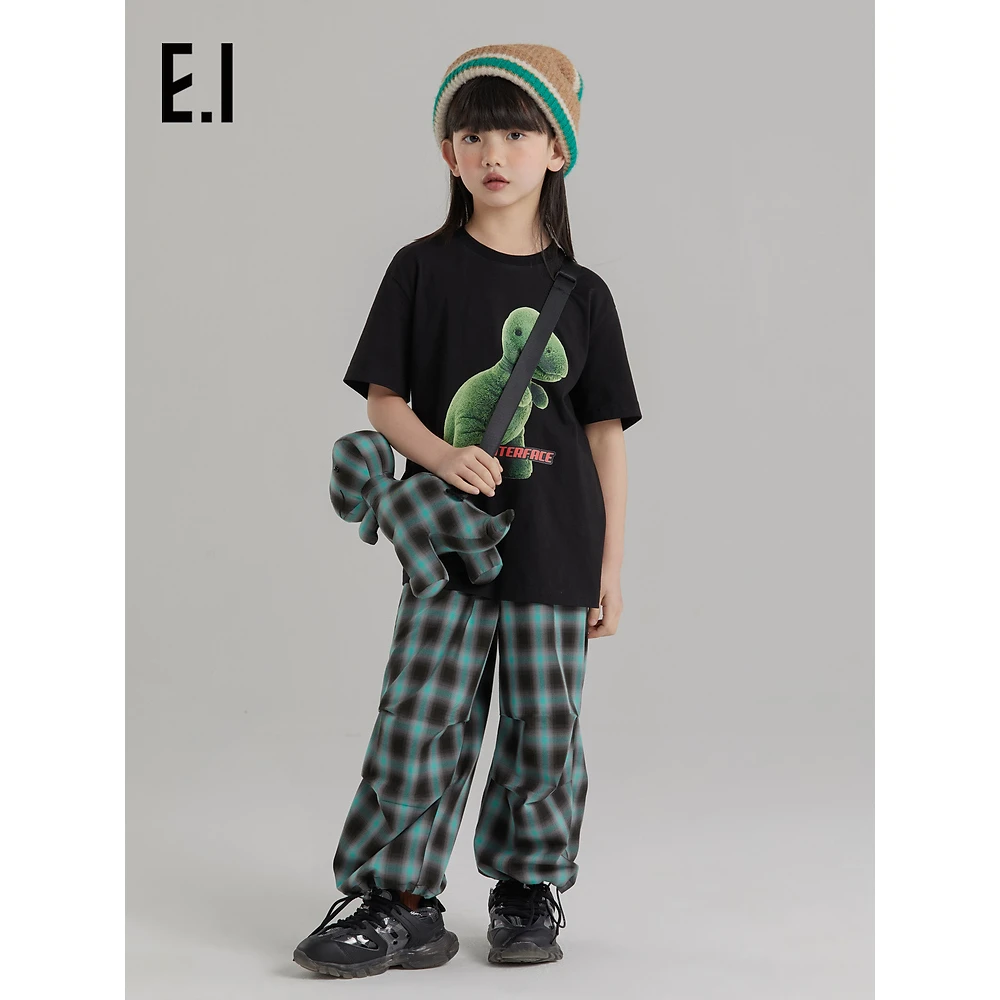 E.I男女童格子工装裤男童同款潮酷风格纹长裤D8223773701