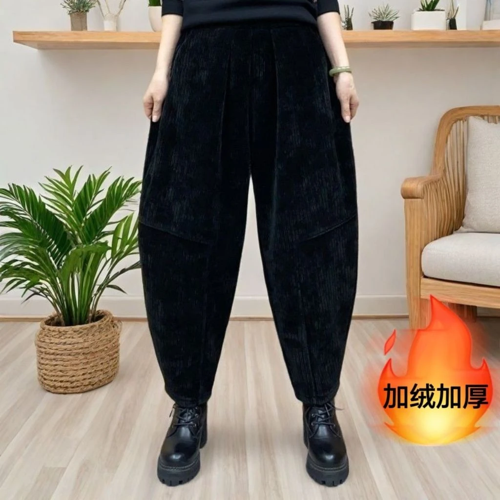 2024冬季新款加绒加厚灯芯绒裤子洋气宽松文艺哈伦精品女装裤子