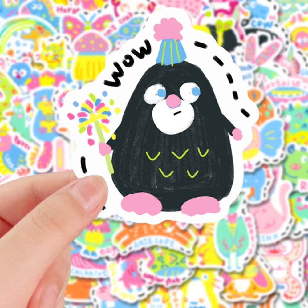 100张卡通可爱手绘动物贴纸ins多巴胺简笔画装饰手机手账贴画防水