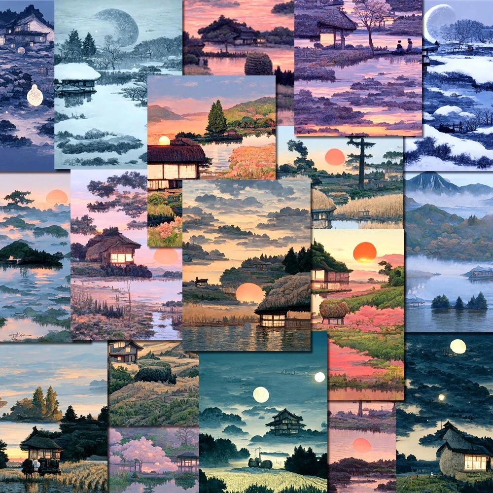 64张国风治愈系风景贴纸落日黄昏古画笔记本电脑手账装饰贴画防水