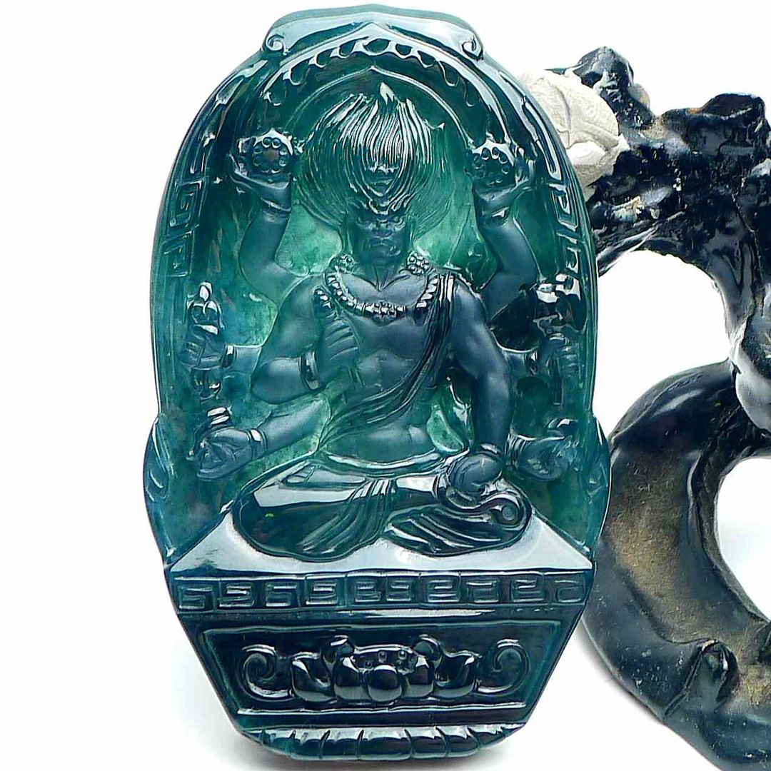 天然A货翡翠老坑冰透双面精雕六臂不动明王挂件尺寸75-46-7.5mm