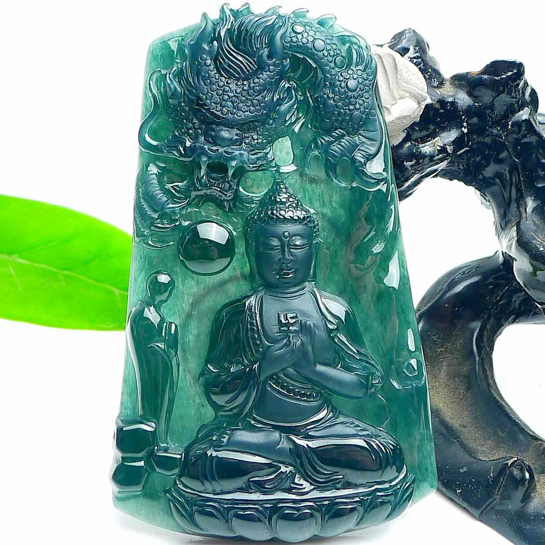 天然A货翡翠老坑冰透精雕祥龙大日如来吊坠挂件尺寸72-45-8.5mm