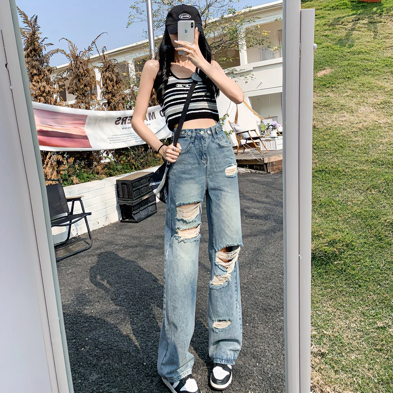 破洞直筒牛仔裤女2023新款辣妹高街复古显瘦设计感美式街潮阔腿裤