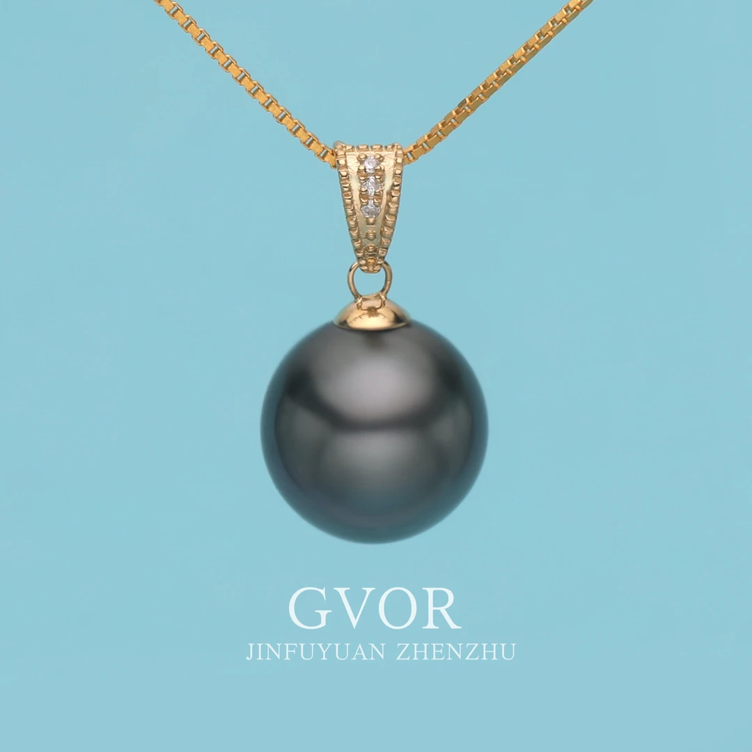 芈伽勒18K金钻石瓜子扣海水大溪地黑珍珠吊坠9-10mm C192