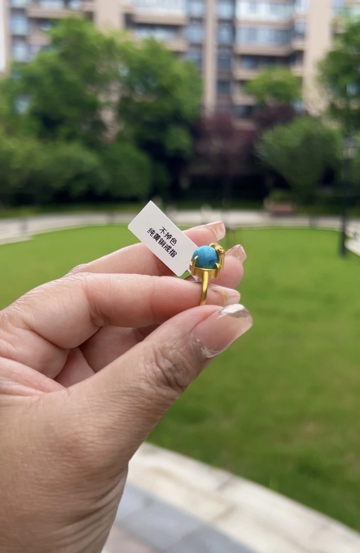 黄铜亚克力戒指 铜合金，民族风蓝色精美可调节铜镀金戒指！