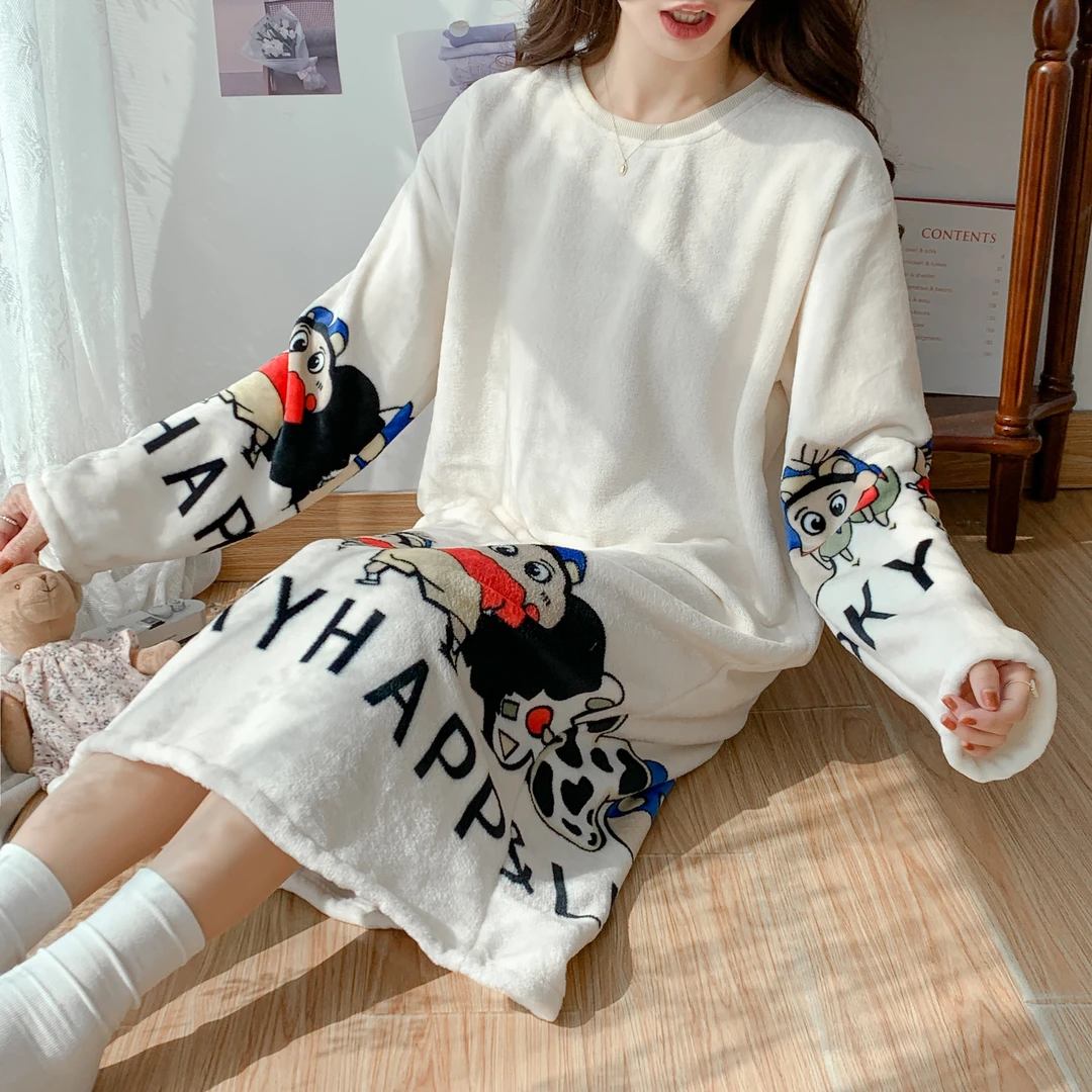 秋冬季毛绒保暖法兰绒女生长袖睡裙卡通宽松学生慵懒中长裙