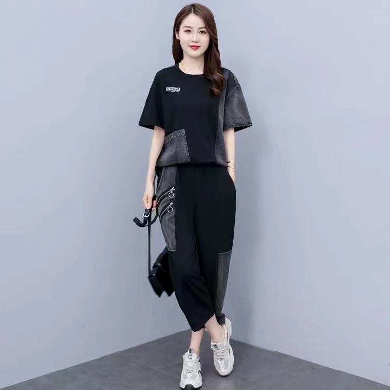 加肥加大个性牛仔拼接两件套大码女装夏季宽松短袖八分裤休闲套装