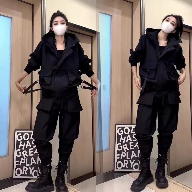 2025春秋美式连帽休闲外套工装裤时尚运动夹克百搭帅气时尚两件套