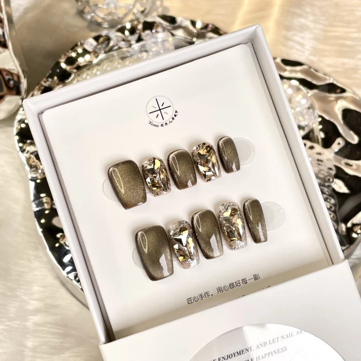 YoMi【灰棕猫眼】纯手工好物纯色猫眼彩钻石风简约穿戴式美甲XX3