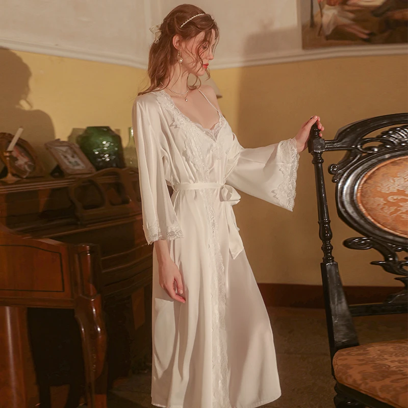 【落晚芳菲】纯色长款睡衣露背吊带裙系带开衫家居服