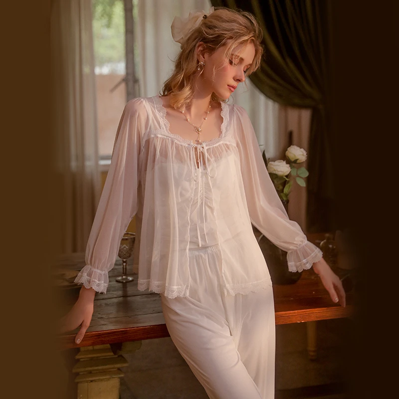 【林深见鹿】性感春夏胸垫休闲舒适吊带网纱透气三件套0187家居服