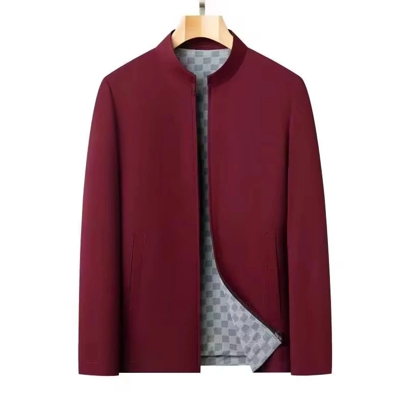 商务春装立领夹克爸爸装本命年酒红色夹克外套男士中年宽松秋季