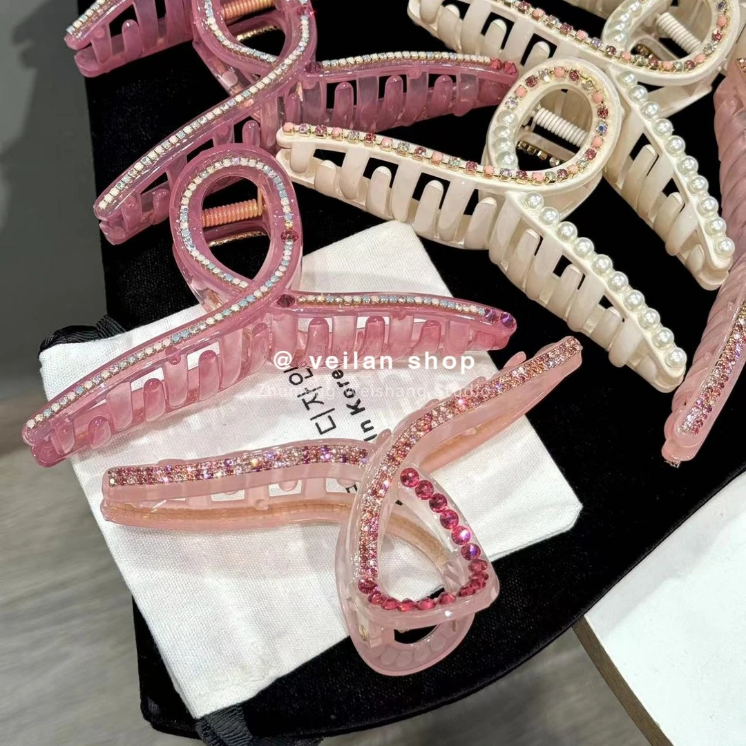 韩国进口粉色水钻抓夹女后脑勺盘发鲨鱼夹高级感气质大号夹子发饰