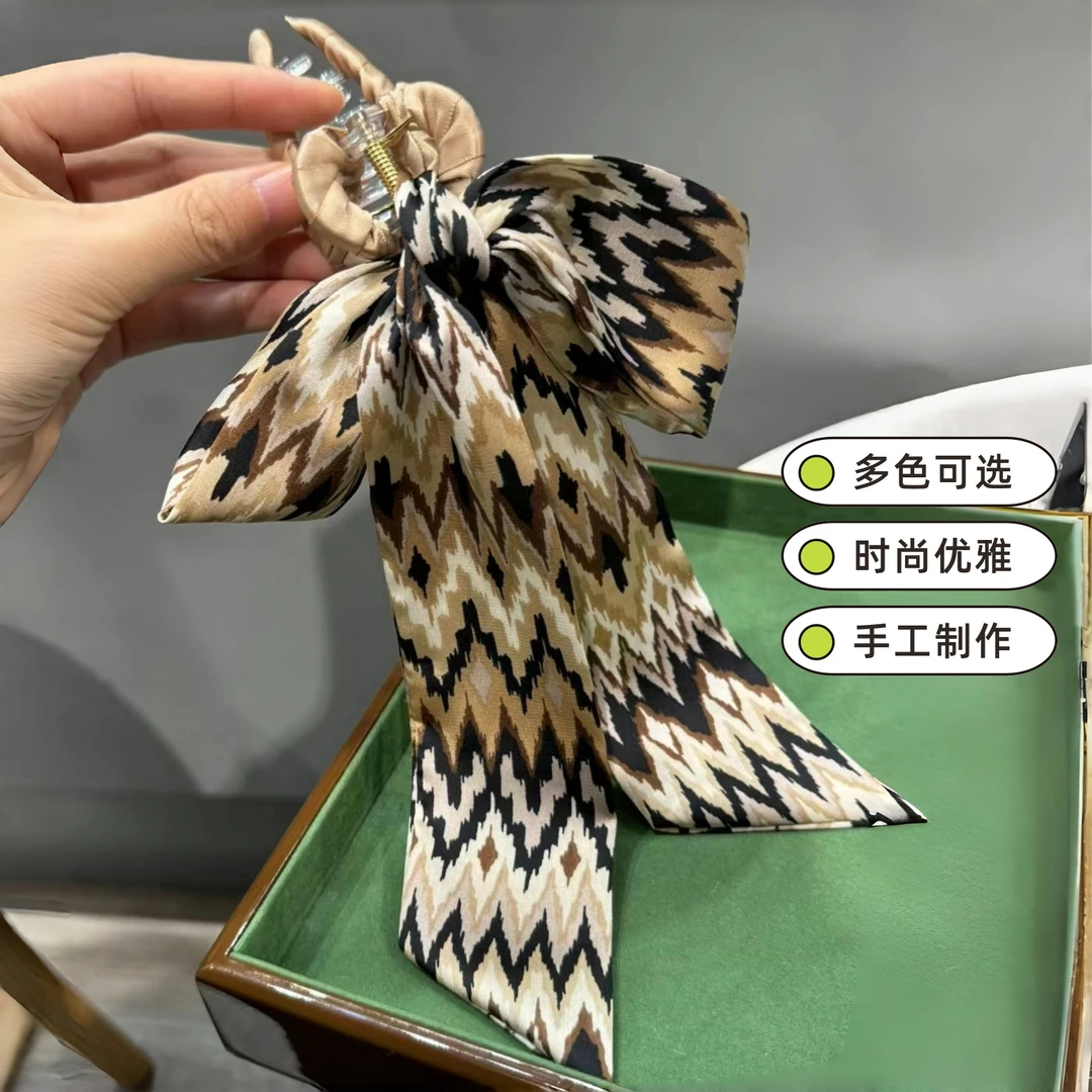 轻奢赫本风印花蝴蝶结抓夹头花飘带发抓高马尾发夹鲨鱼夹韩国发饰