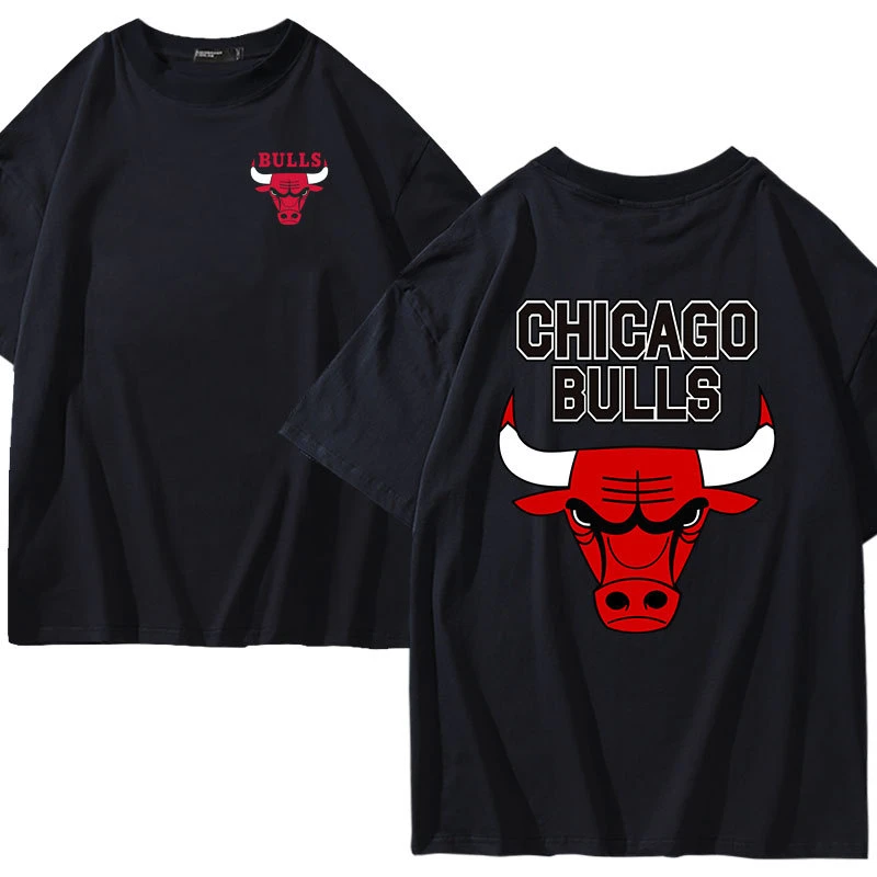 公牛队标短袖100%纯棉T恤男女休闲宽松上衣青年学生情侣篮球衣