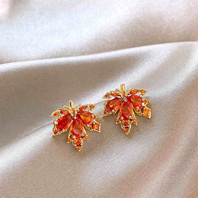 合金仿水晶耳饰 秋冬红色枫叶耳钉高级感耳环耳饰2025年新款爆款