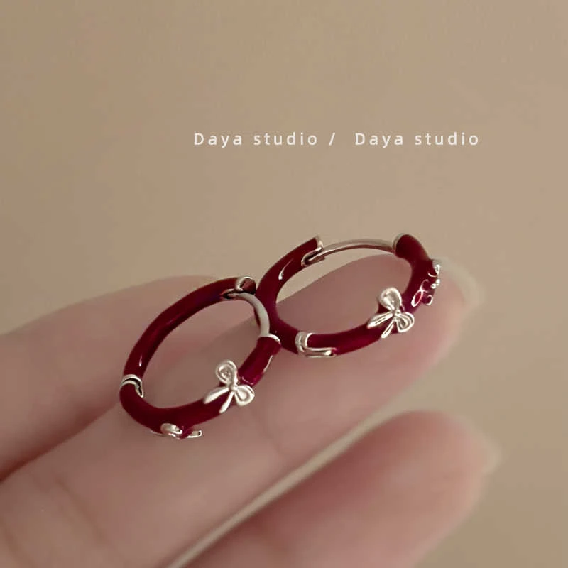 合金耳饰 法式复古滴釉酒红蝴蝶结耳环 高级感小众设计气质耳圈