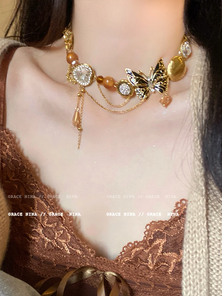 铜合金项链 重工蝴蝶项链轻奢小众毛衣锁骨链女高级感美拉德配饰
