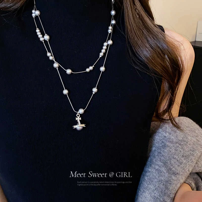 铜合金仿珍珠项链 叠戴土星珠珠毛衣链轻奢高级秋冬百搭长款项链