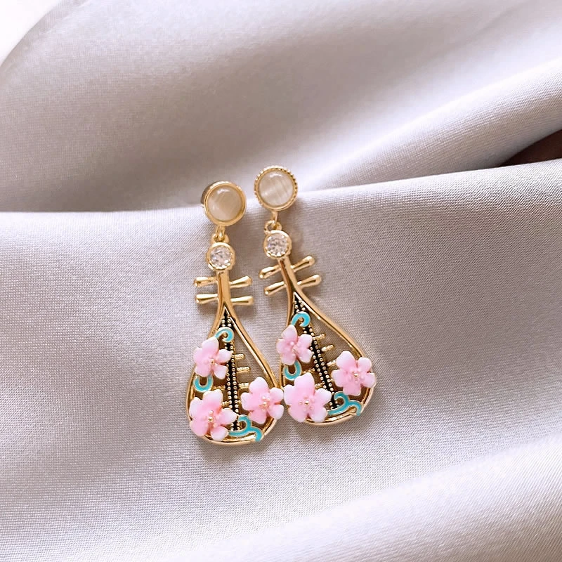 铜合金亚克力耳饰 新中式桃花琵琶耳环2024新款国风小众独特耳饰