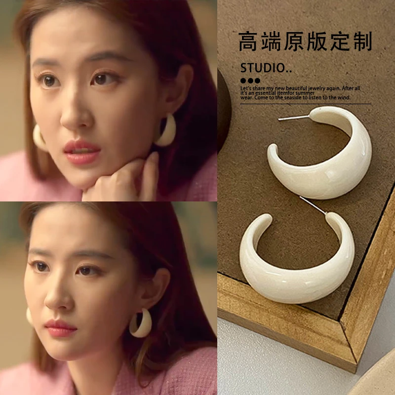 非金属树脂耳饰 玫瑰的故事黄亦玫同款复古白色耳圈小众高级耳环