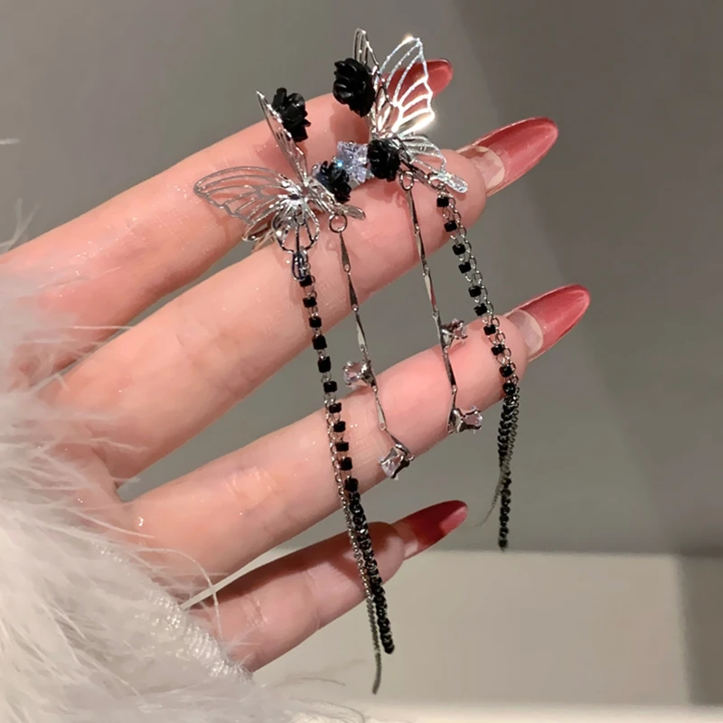 铜合金仿水晶耳饰 暗夜天使~绝美暗黑玫瑰蝴蝶流苏耳骨夹女无耳洞