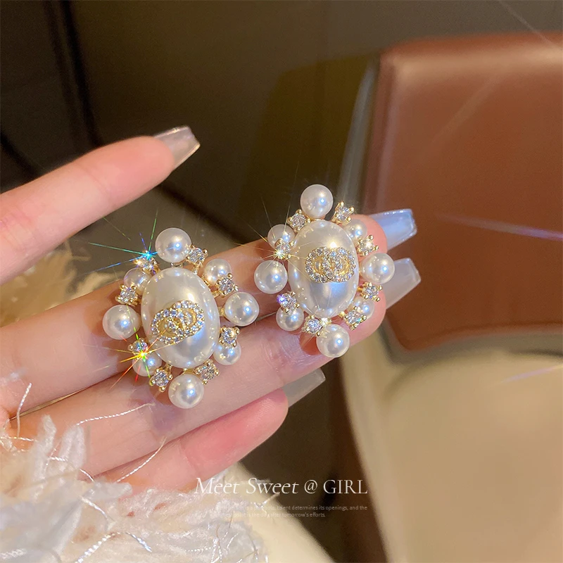 铜合金仿珍珠耳饰 锆石珠珠耳钉轻奢高级感小众耳环2024新款耳饰