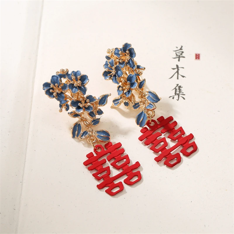 铜合金耳饰 气质古风中式耳挂百搭耳环喜字耳饰新娘结婚配饰品