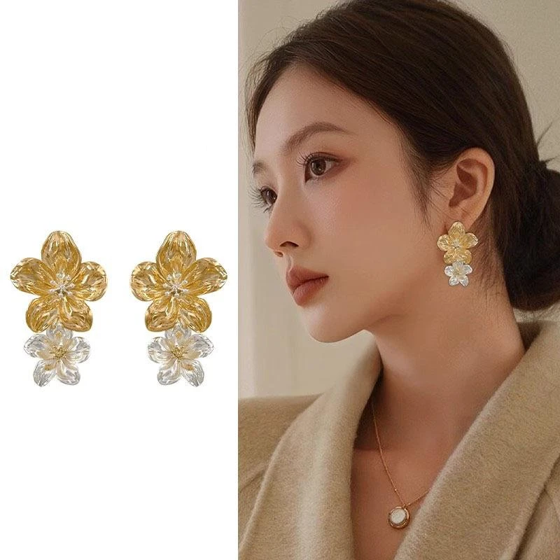 铜合金耳饰 欧美风夸张金属花朵耳钉2024年新款爆款高级感耳饰女