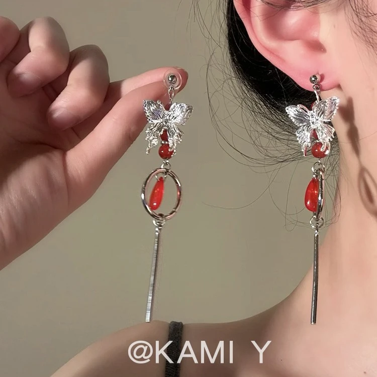 铜合金亚克力耳饰 新中式红色长款流苏蝴蝶耳环高级感新娘耳饰